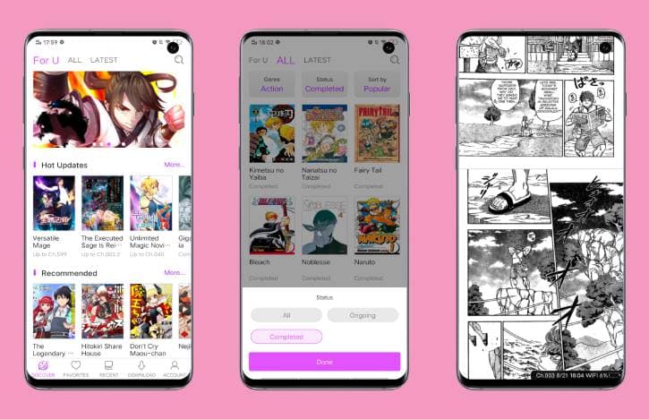 Capturas de pantalla de la app MangaZone para leer manga